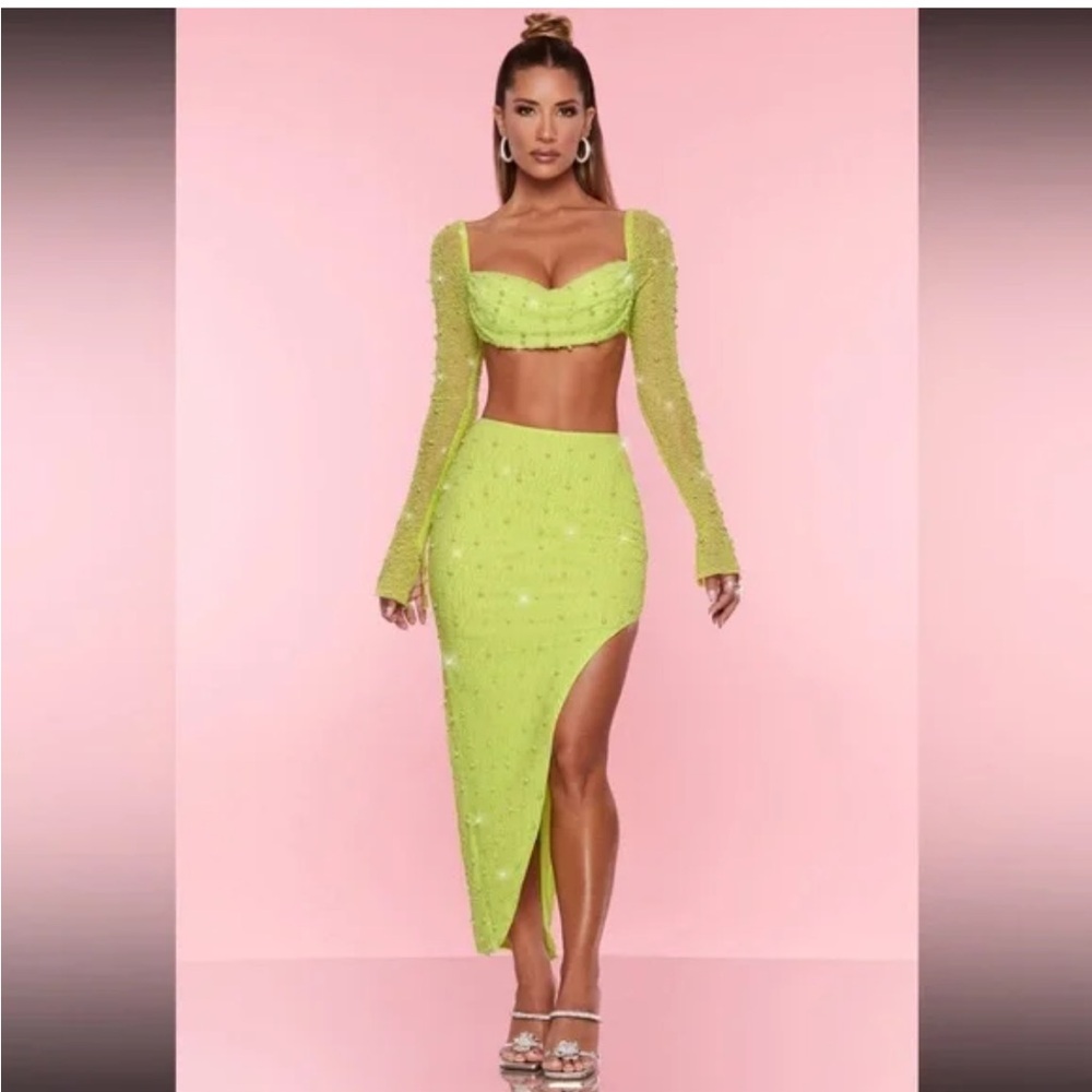 NWOT Oh Polly Neon Lime Asymmetric Embellished Midi Skirt